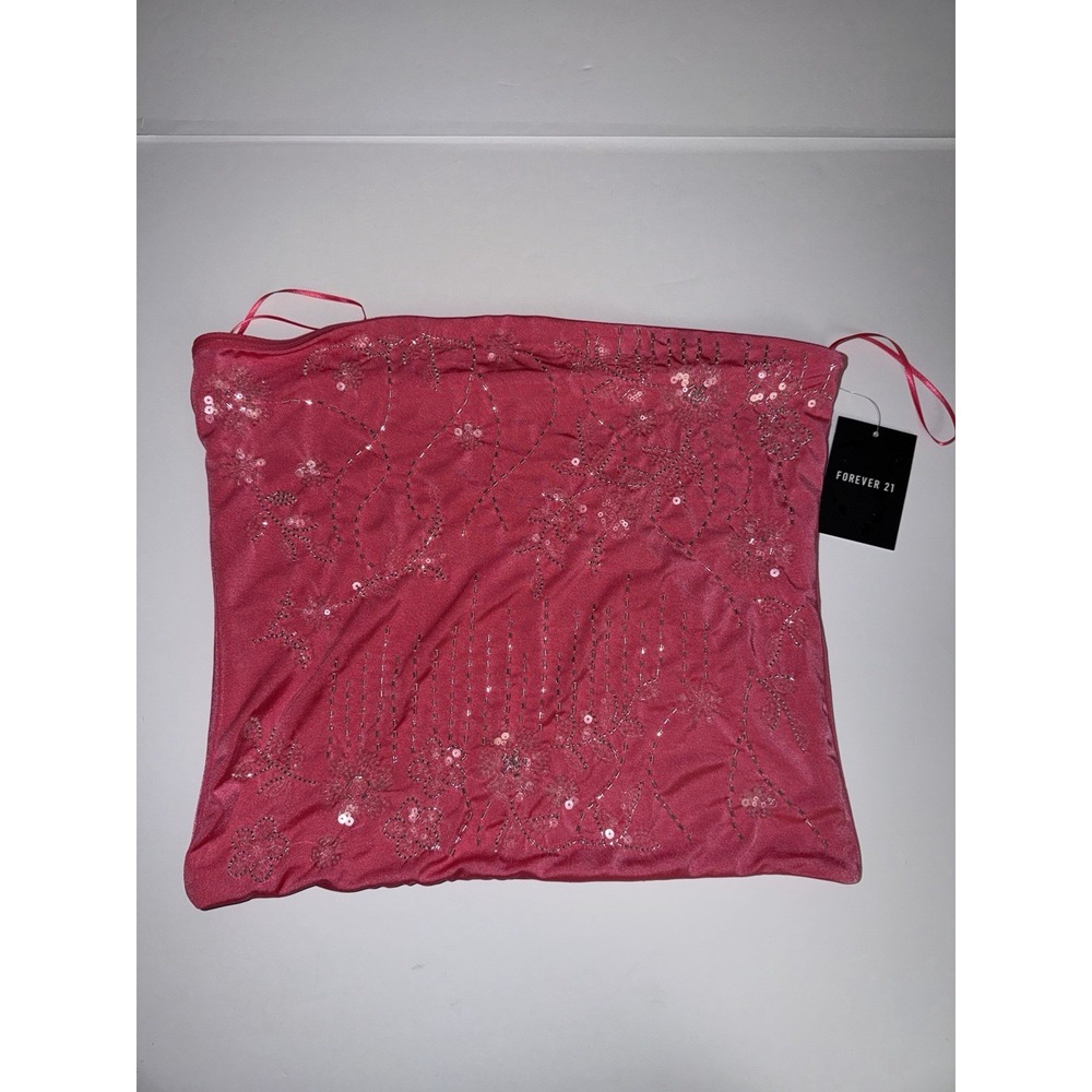 Forever 21 Women Large Pink Strapless Floral Beaded Sequin Top Lined Bright NWT